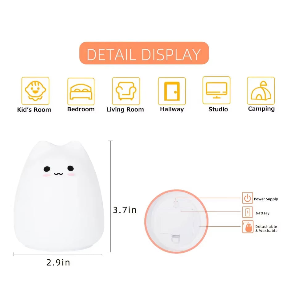 Mini Kawaii Popular Cat Baby Night Lamp 7-Color Pat Touch Color-Changing Eye Protection Bedroom Bedside Nightlight Gift Children