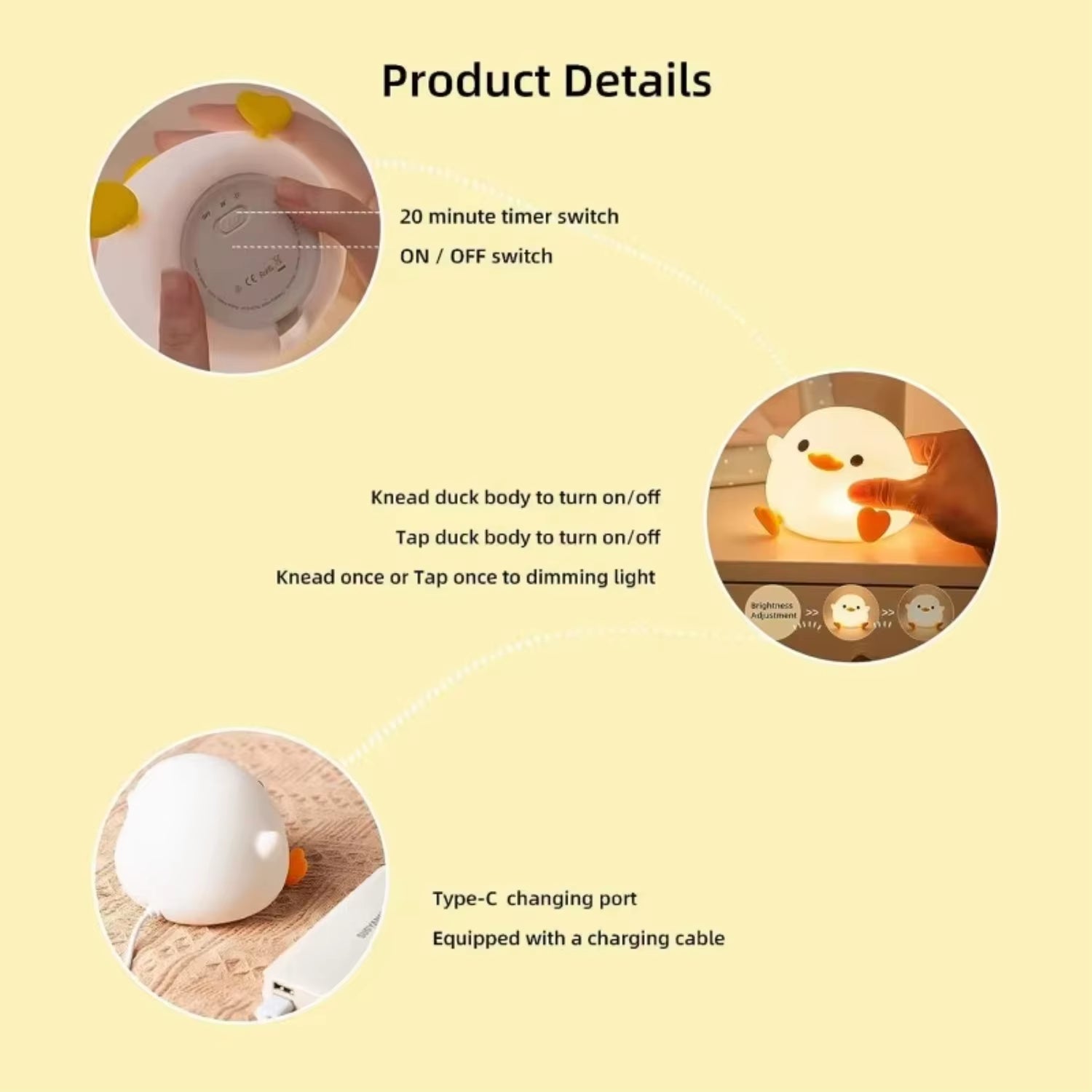 Dodo Duck Night Light Cute Duck Silicone Dimmable Nursery Nightlight Rechargeable Bedside Lamp Baby Bedrooms Living Room Space