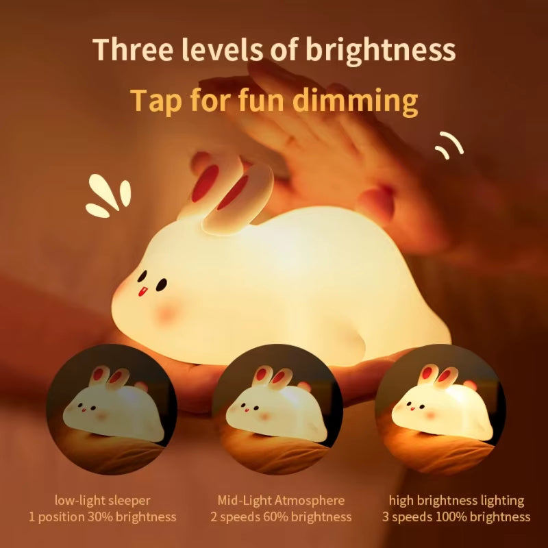 1Pc Cute Rabbit-Shaped USB Rechargeable Silicone Night Light Bedroom - Eye Protection Sleep Bedside Lamp Desk Lighting Mushroom